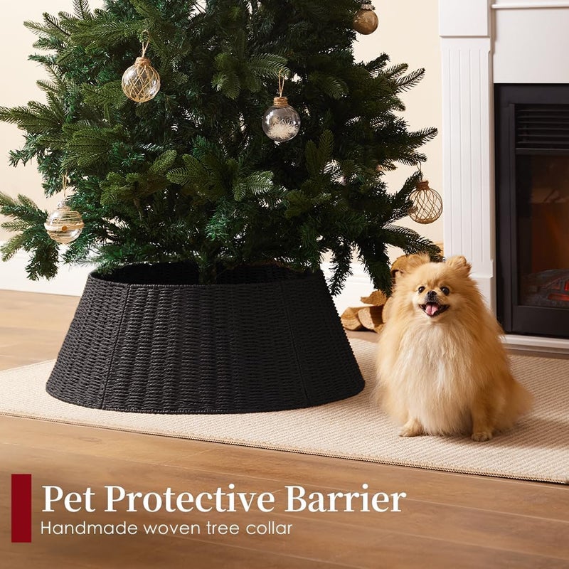 Deerher Rustic Farmhouse Christmas Tree Collar - 28Inch Woven Wicker Tree Base Stand Cover for Artificial Trees - Holiday Decoration Ring Skirt Basket for 6ft 7.5ft 9ft Tree, Natural & Stable(Black) - Image 2